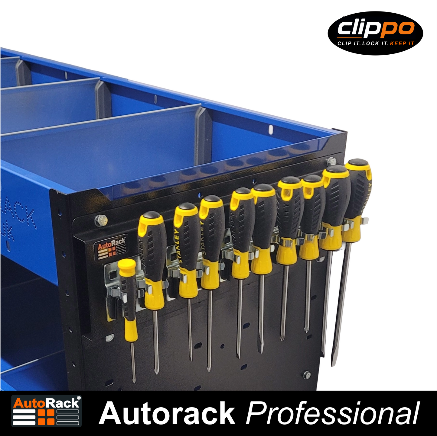Clippo Tool Rail – Secure Tool Holder for Vans, Workshops & Van Racking