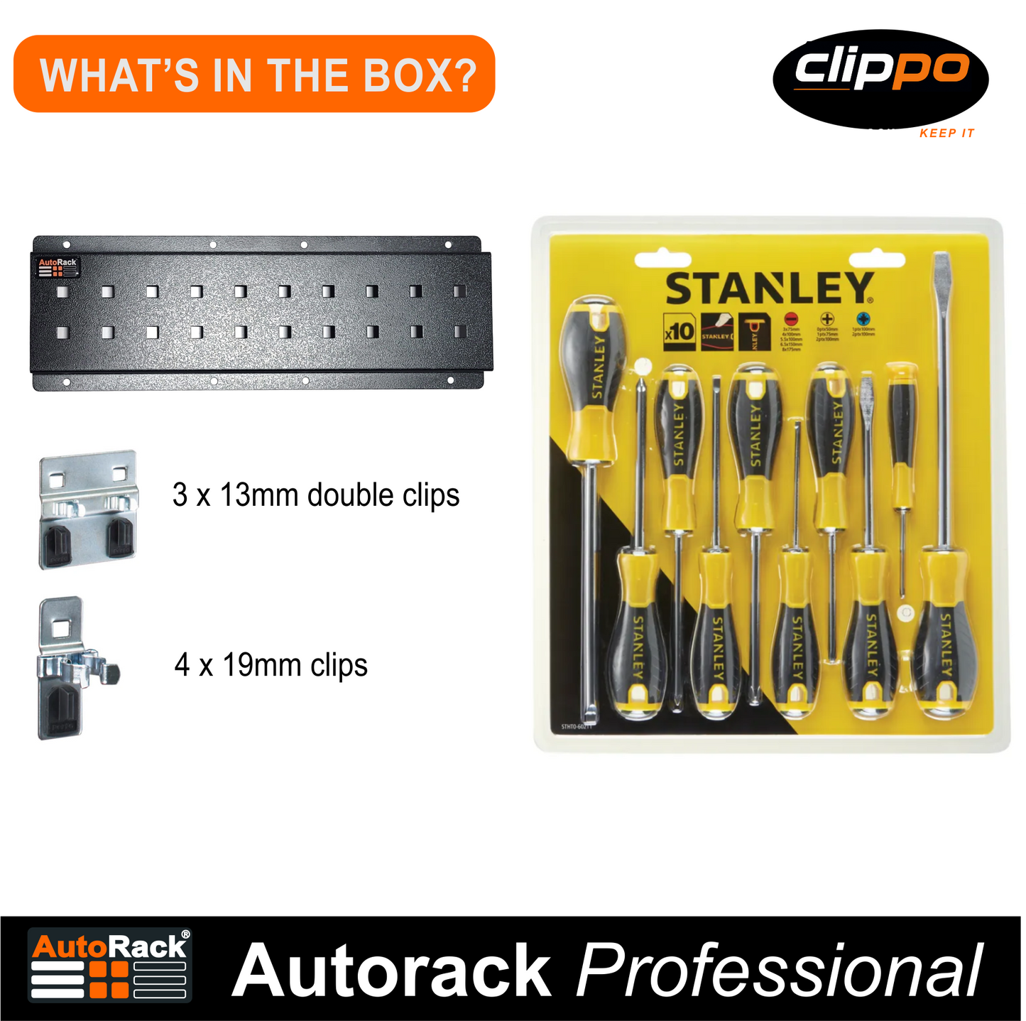 Clippo 10 Hole Rail | Clips and 10 Piece Screwdriver Set