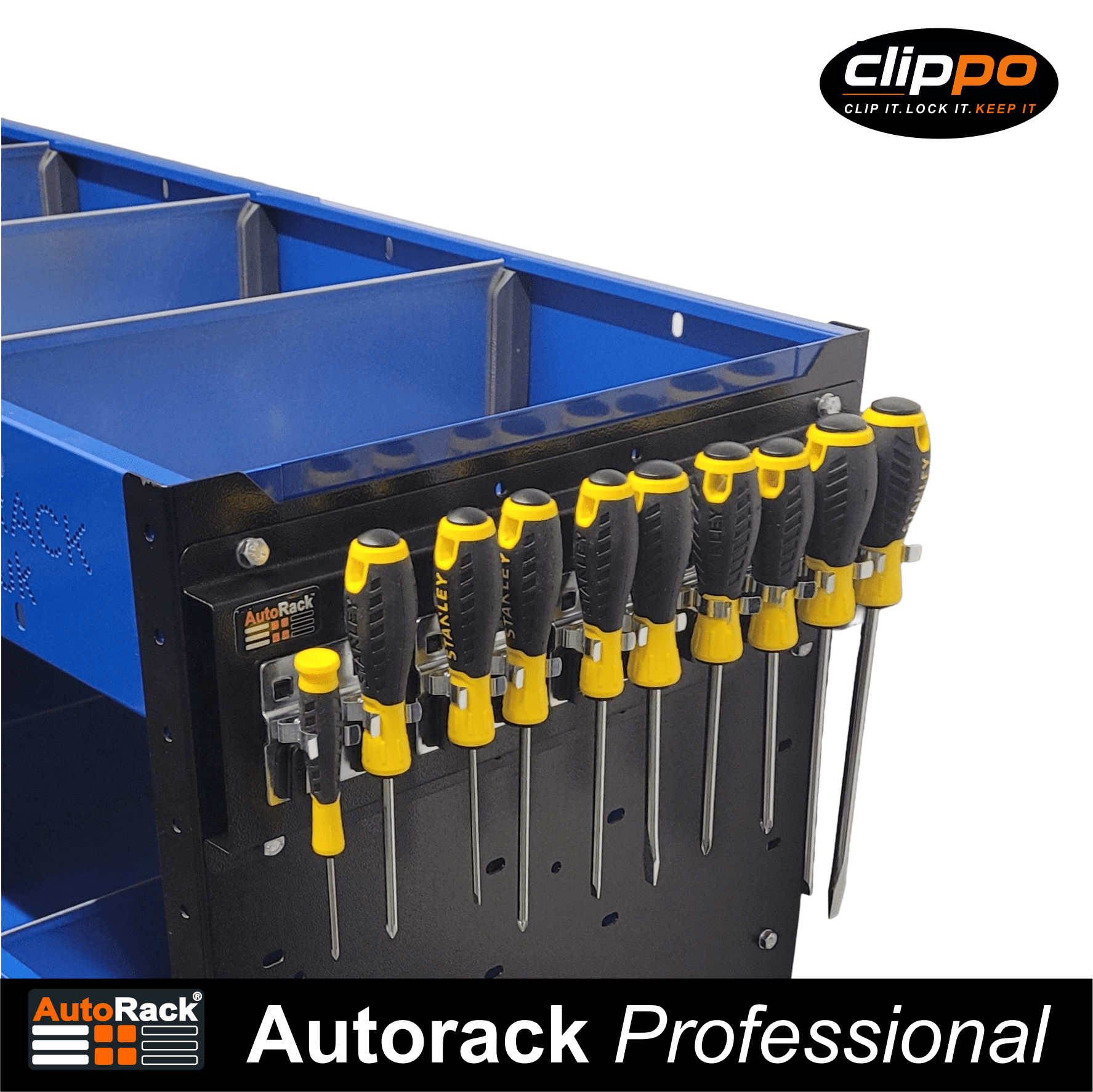 Clippo Tool Rail – Secure Tool Holder for Vans, Workshops & Van Racking - Autorack Products Ltd Clippo Tool Rail – Secure Tool Holder for Vans, Workshops & Van Racking