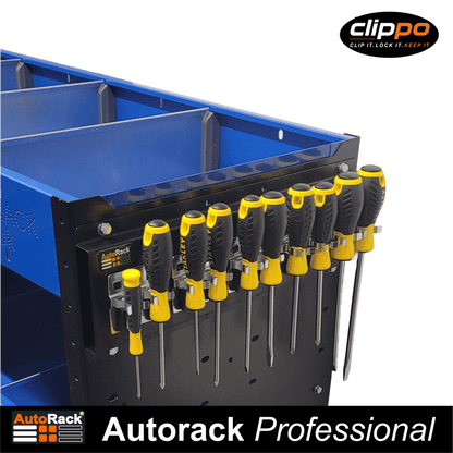 Clippo Tool Rail – Secure Tool Holder for Vans, Workshops & Van Racking - Autorack Products Ltd Clippo Tool Rail – Secure Tool Holder for Vans, Workshops & Van Racking
