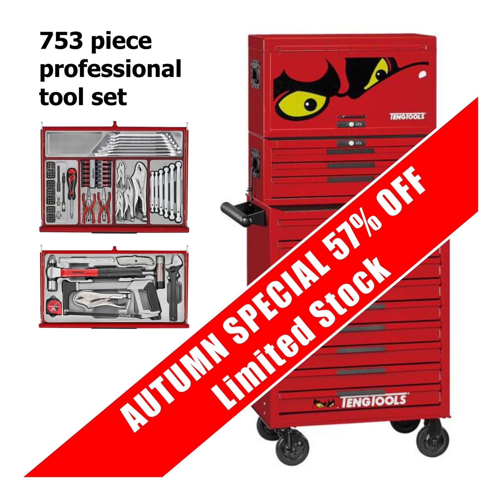 Mechanics Roller Cabinet Toolbox 26" Red - Full Tool Kit - TKS26R753T - Autorack Products Ltd