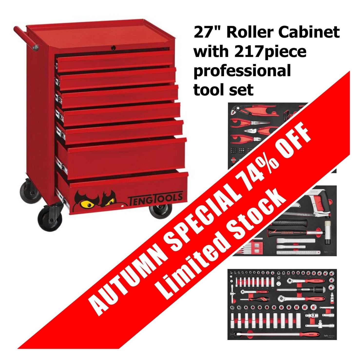 Mechanics Roller Cabinet Toolbox 27" Red - Full Tool Kit - TCMME217K - Autorack Products Ltd