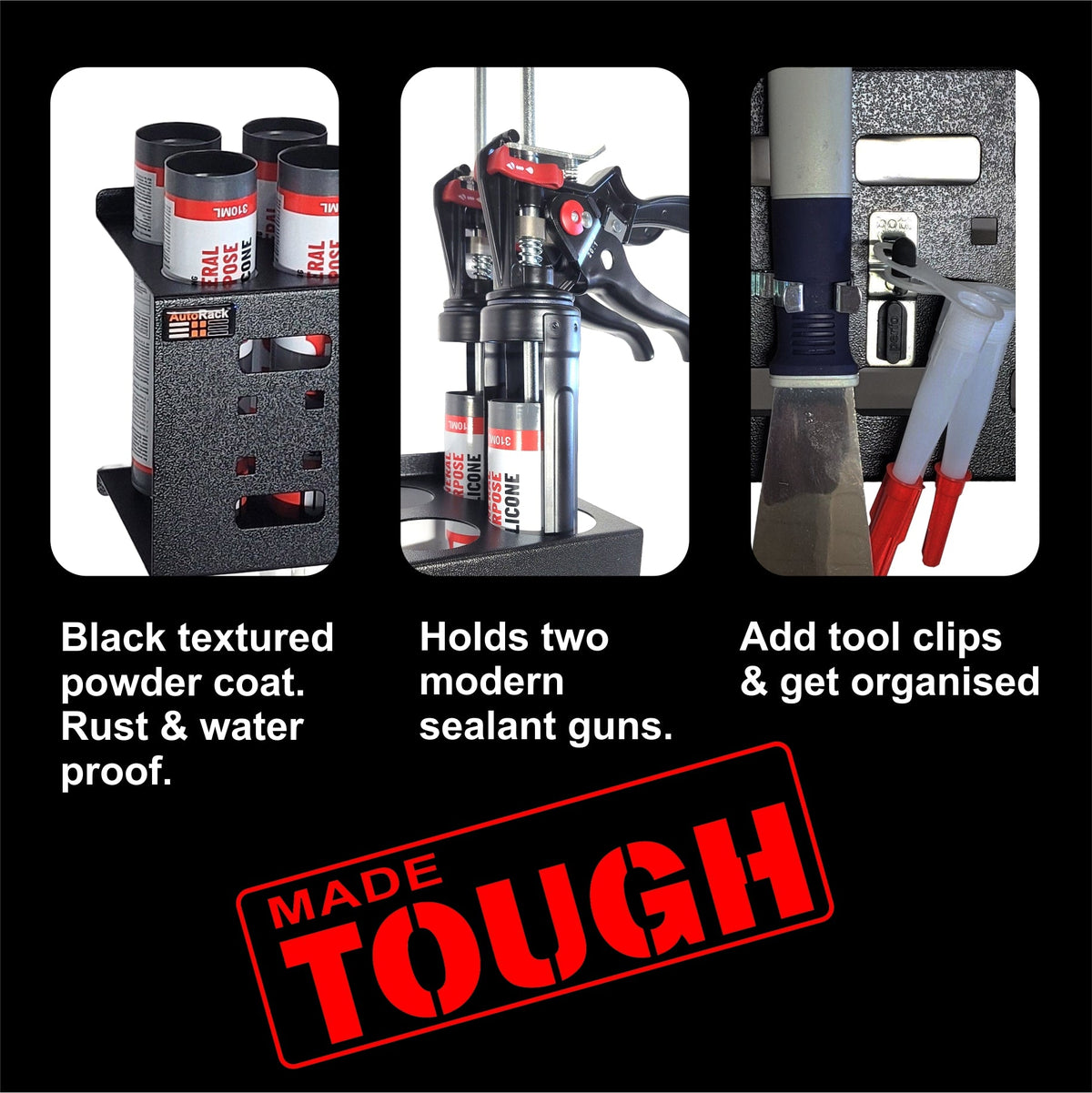 Sealant Tube & Sealant Gun Holder - New 12 Hole Design - Autorack Products Ltd Sealant Tube & Sealant Gun Holder - New 12 Hole Design