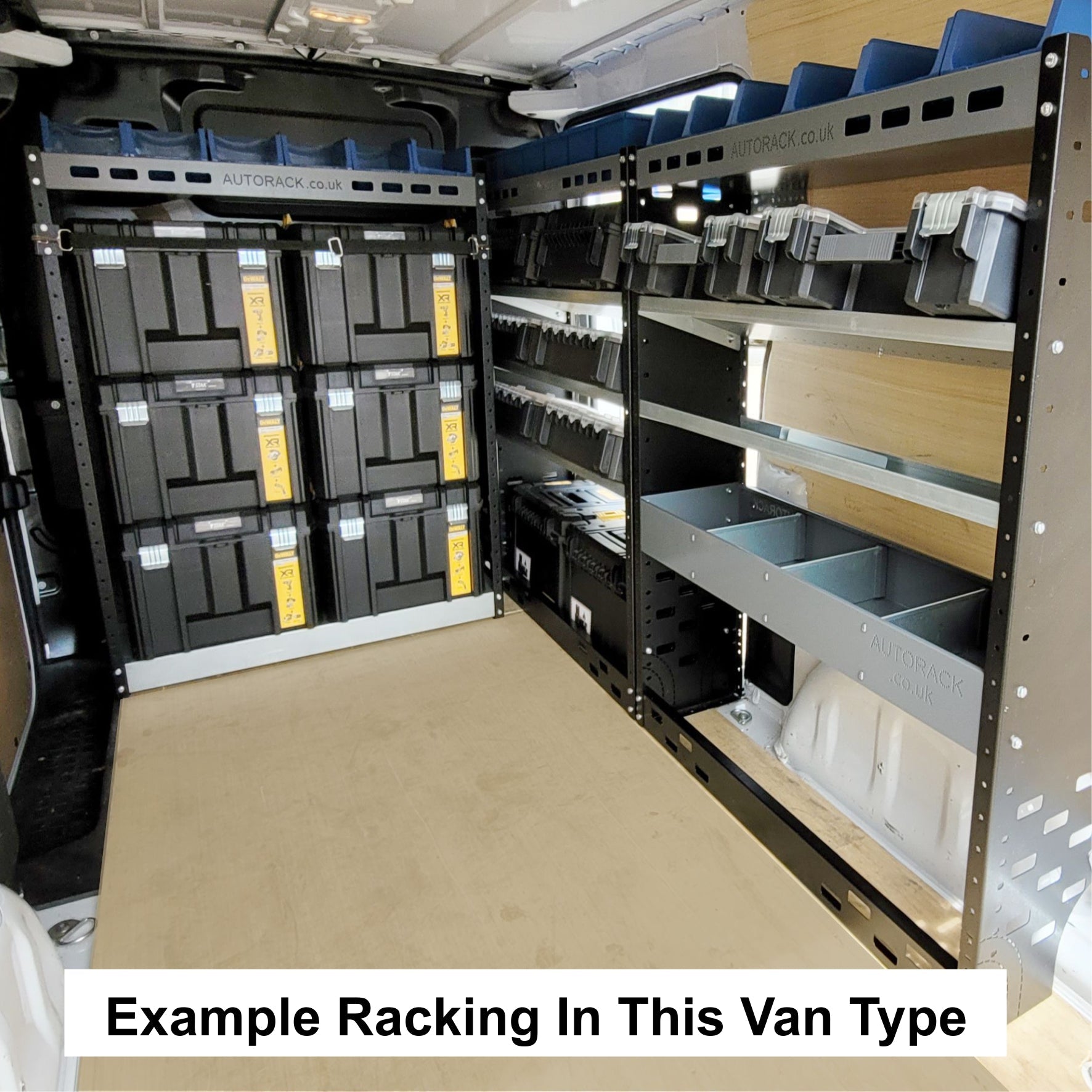 Standard Heavy - Duty Van Racking Shelving System SD - PACK - 10 - BLUE - BINS - 45DEG - Autorack Products Ltd