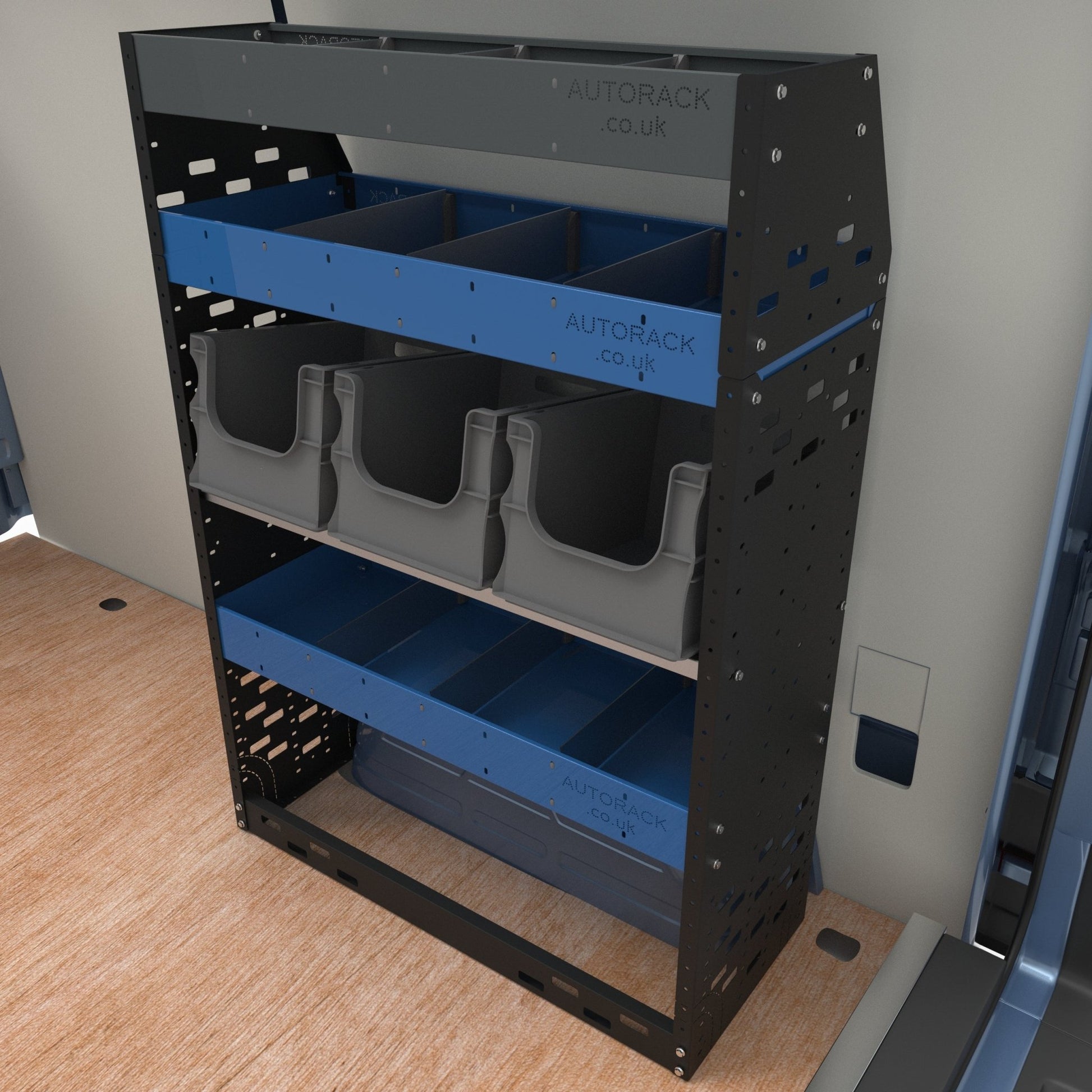 Van Racking - van shelving storage unit - Plumbers van racking kit with extension top - HD21-EXT-BLU - Autorack Products Ltd
