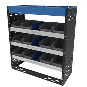 Van Racking - van shelving storage unit with 12 x grey plastic parts bins- HD15-BLU - Autorack Products Ltd